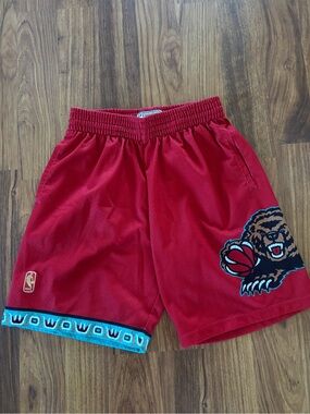 Mitchell & Ness Red Basketball Shorts with Bear & Blue Trim